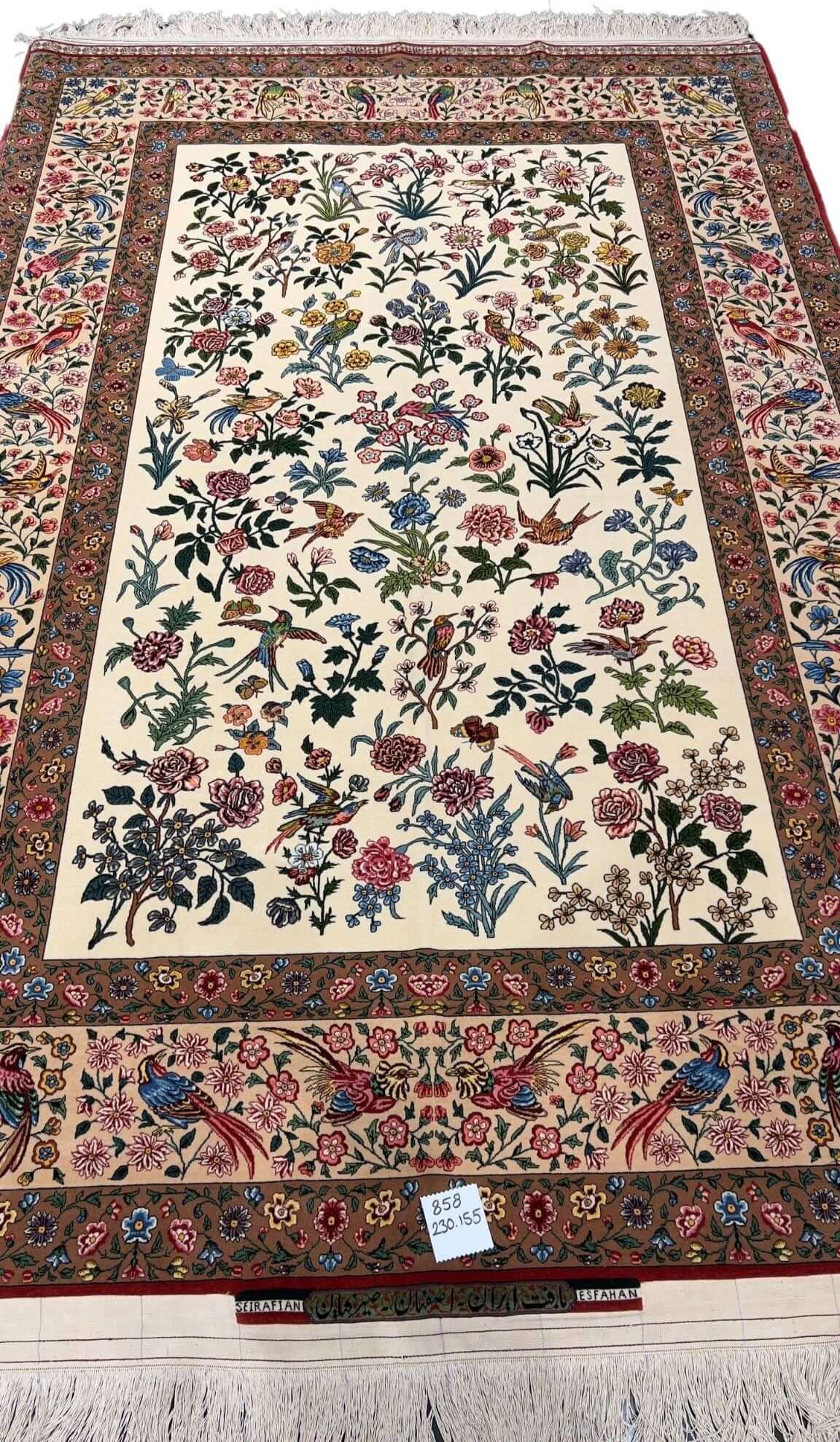 Authentic beige Seirafian Isfahan Persian rug 230 x 155 cm with floral design